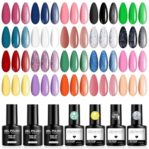 GELFAVOR Esmaltes Semipermanentes Para Uñas, 24 Piezas Rosa Azul Negro Verde Colores Esmaltes Semipermanente, UV LED Pintauñas Gel Nail Art Manicure Regalo Mini