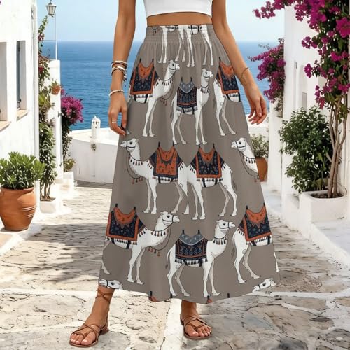 DGTXWIT Women's Elastic High Waist Maxi Skirt Camel Ornate Casual A Line Long Flowy Skirt for Beach Vacation & Daily Wear Medium