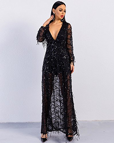 Miss ord Women Deep V Neck Long Sleeve Split Sequined Maxi Party Cocktail Dress (Large, Black)