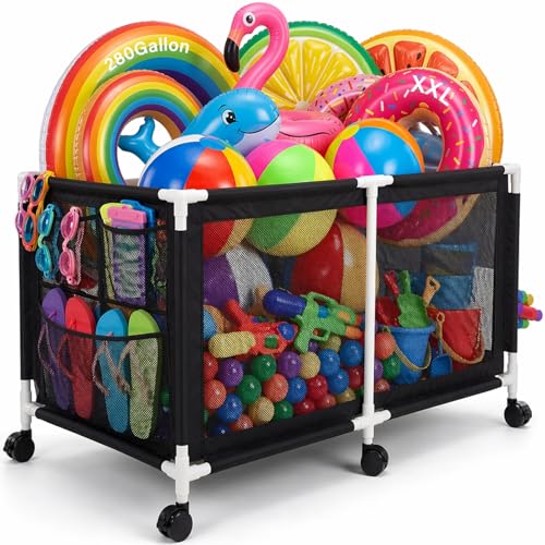 280 Gallon 69 Pool Storage Bin XXL Extra Large Swimming Pool Float Storage Bin Pool Noodles Holder Toys Floats Balls and Floats Equipment Mesh Rolling Bin for Garden Lawn 69 Lx32 Wx35 H (Black)