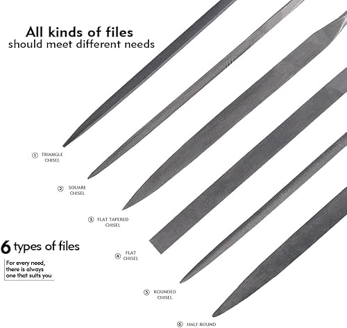 Miniatura 3 de XINSHANG Juego de limas de agujas pequeñas (juego de 6 piezas) de acero de aleación endurecido, juego de mini limas de agujas incluye lima plana,