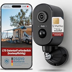 PetTec Cam Free 4G Überwachungskamera [4G/LTE OHNE WLAN] mit Akku & Schwenk Funktion - Outdoorkamera 3MP Ultravision, Bewegungserkennung, 15m Nachtsicht IP65 Flutlicht Sirene, Rückfahrkamera