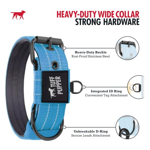 Image of Tuff Pupper Heavy Duty Tactical Dog Collar | 1.5 inch Wide Ballistic Nylon | Reflective Stitching | Integrated ID Tag Holder | Stainless Steel Buckle | Padded Lining | Medium & Large Dogs (Teal, Medium)