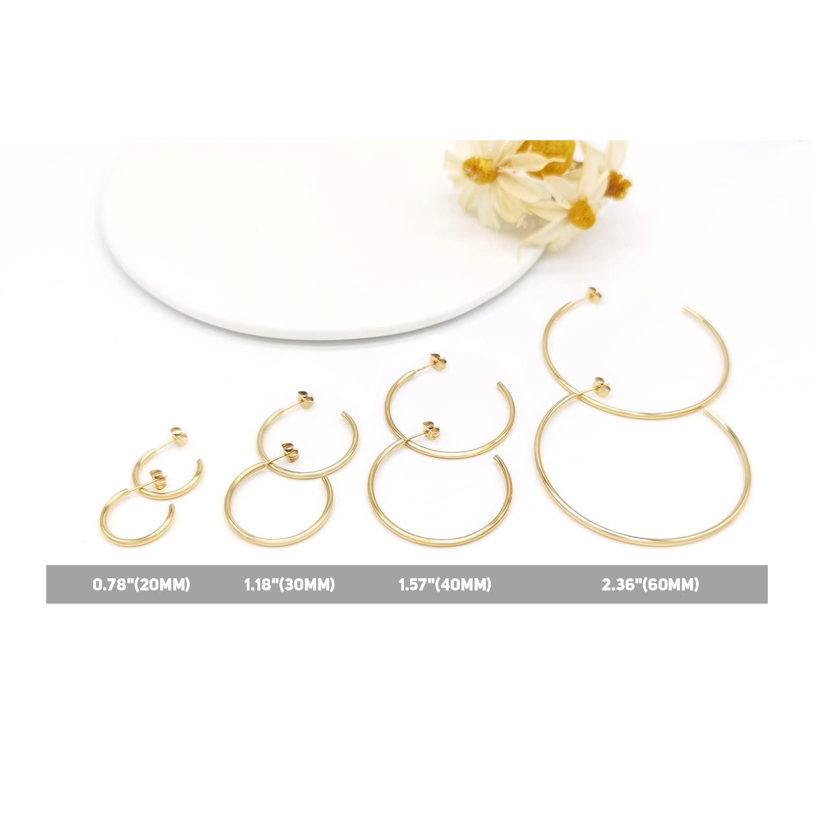 Aretes de aro de oro para mujer, chapados en oro de 0.787 in/1.181 in/1.575 in/2.362 in, aretes de aro ligeros y finos, Acero inoxidable 6