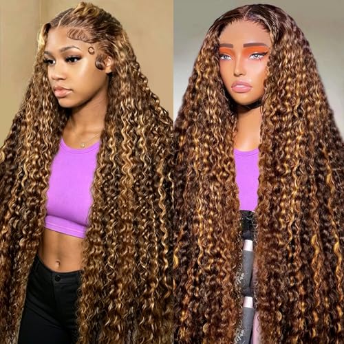 NOELLA 13x6 Honey Blonde Ombre Highlight Water Wave Lace Front Wigs Human Hair 30 Inch 200% Density Wet and Wavy HD Lace Full Frontal Wig Pre Plucked Curly Glueless Wig for Women