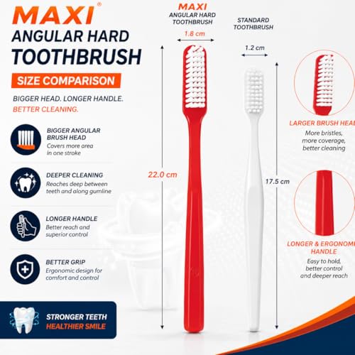 Image of MAXI Angular Hard Bristles Toothbrush with Anti-Bacterial Travel Case | Big Brush Head for Deep Plaque Removal & Stain Cleaning | Multicolor Pack of 6