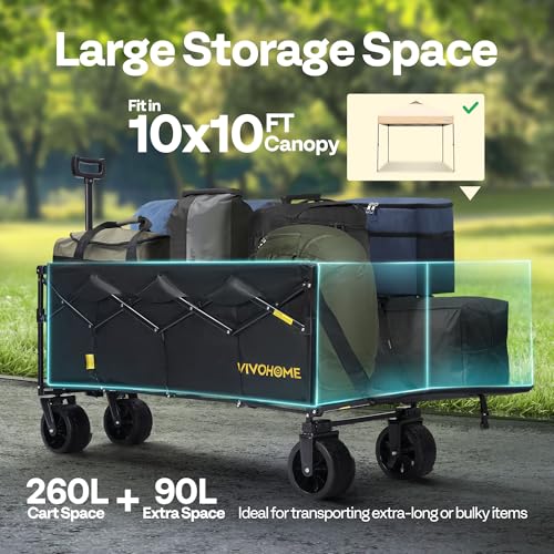 Image of VIVOHOME 48''L Extended Collapsible Wagon Cart with 440lbs Weight Capacity, Heavy Duty 350L Folding Utility Garden Cart with Extended Tailgate and Big All-Terrain Beach Wheels
