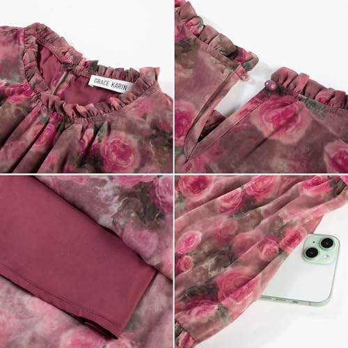 GRACE KARIN Women's Fall Wedding Guest Dresses 2026 Floral Long Sleeve Chiffon Maxi Dress Flowy Boho Dress with Pockets Vintage Rose Pink Floral S — view 5
