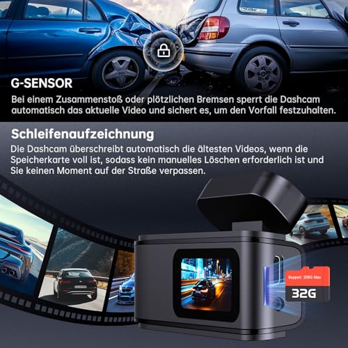 Dashcam Auto Vorne Hinten 2,5K + 1080P, Dash Cam mit WiFi, 32GB Karte, Dual-Autokamera mit 170 ° Weitwinkel, Super Nachtsicht, Auto Kamera mit Parküberwachung, G-Sensor, App-Steuerung, Loop-Aufnahme 5