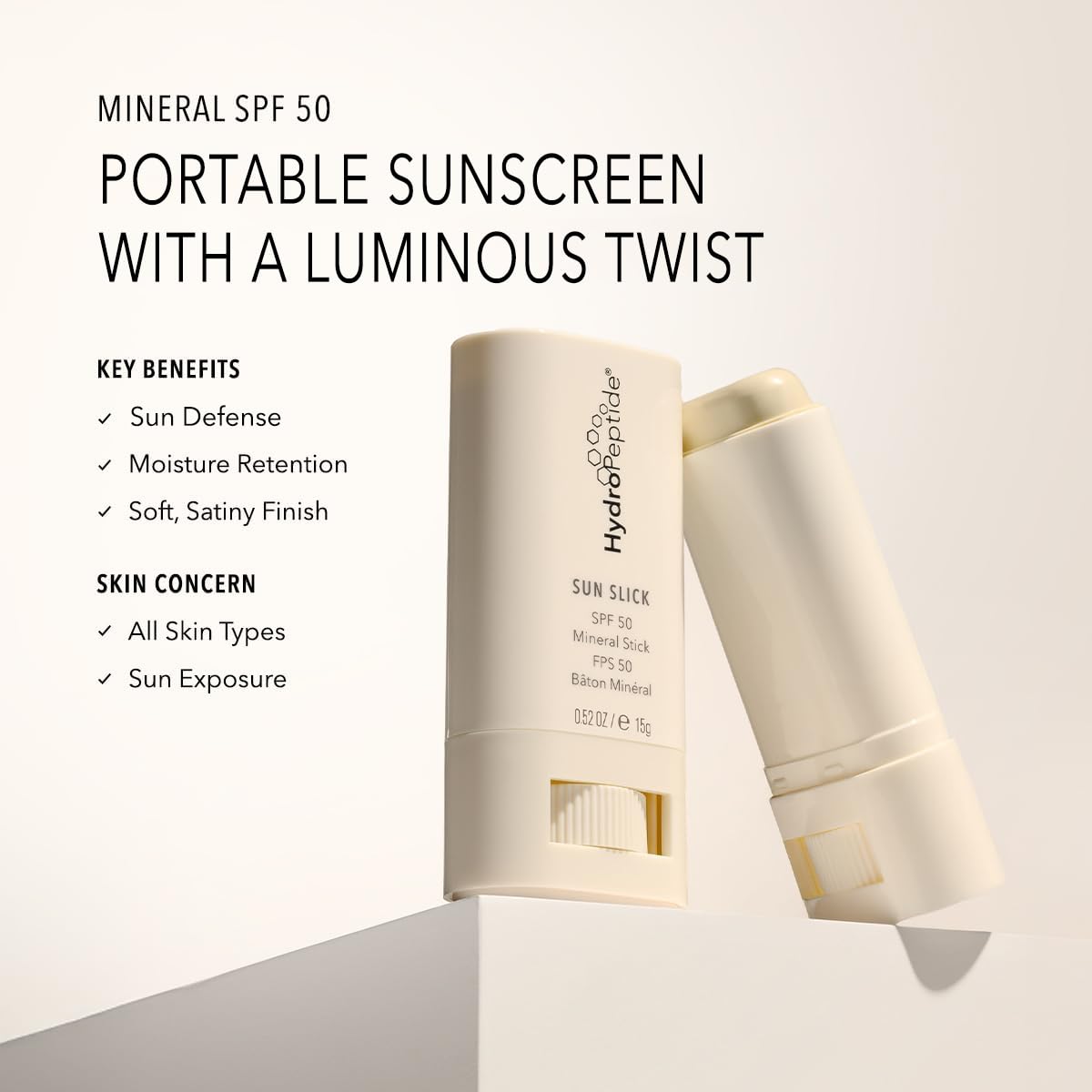 HydroPeptide Sun Slick SPF 50 Mineral Sunscreen Stick with Reparative Peptides, 0.52 Ounce (15g)
