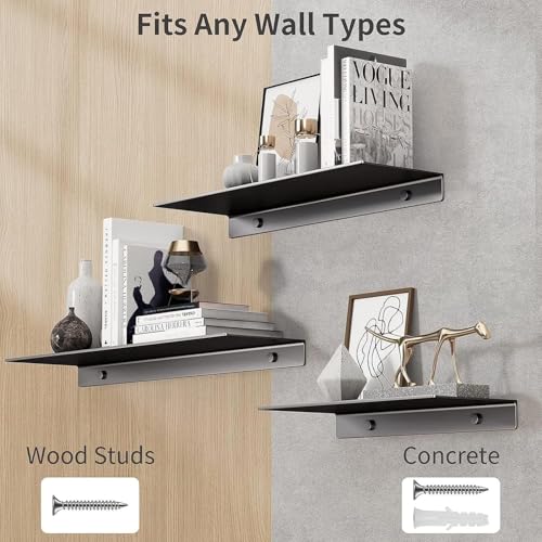 Image of OrganizeMee 24 Inch Black Wall Shelf - Metal Floating Shelf for Wall, Wall Mounted Shelves, Modern Wall Shelf for Bedroom & Living Room Storage, Minimalist Wall Mount Shelf (62cm Long X 20.9 Cm deep)
