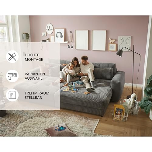 Big Sofa BARURA Cord dunkelgrau – XXL Couch mit großer Liegefläche, modernes Sofa 292x194 cm inklusive Nierenkissen