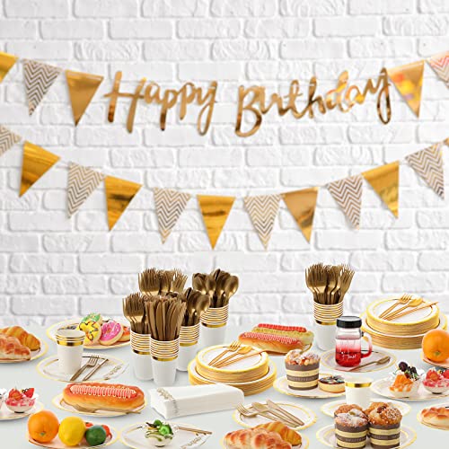 700 Pcs Gold Disposable Dinnerware Set 200 Gold Paper Plates 100 Gold Rimmed Cups 100 Napkins 300 Gold Plastic Silverware For Wedding Birthday Party Supplies #TOP6