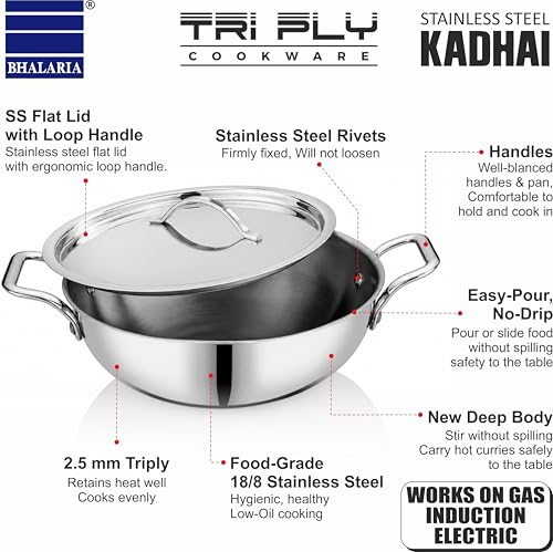 Image of Bhalaria Triply Stainless Steel Kadhai 34cm 5.5 Litre | Induction Base Heavy Gauge 3 Layer Body |Extra Large Deep Fry Pan Wok for Sabzi,Curry & Frying | Food Grade Steel|Gas Compatible|Dishwasher Safe