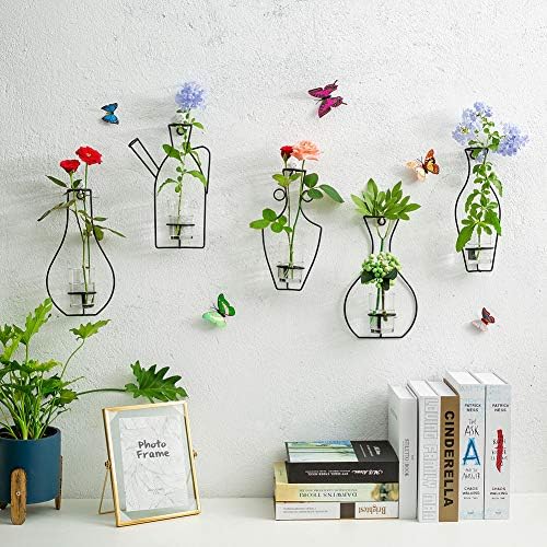 NUPTIO Set of 5 Wall Hanging Planter Containers with Glass Cup Vases, Iron Metal Stand for Water Planting Flower Arrangement Decoration, Gift for Home Wedding Outdoor Indoor Centerpieces Décor