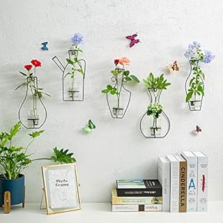 NUPTIO Set of 5 Wall Hanging Planter Containers with Glass Cup Vases, Iron Metal Stand for Water Planting Flower Arrangement Decoration, Gift for Home Wedding Outdoor Indoor Centerpieces Décor