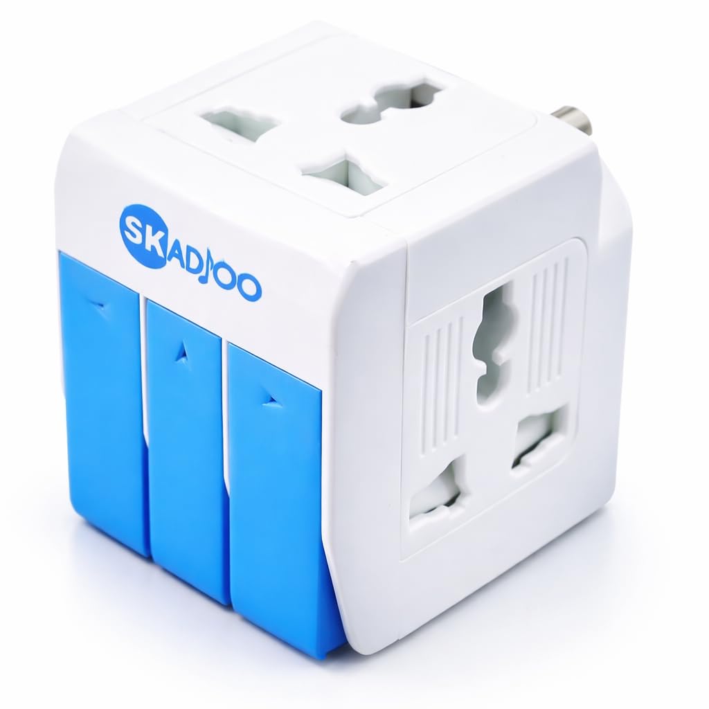 SKADIOO Universal Charger Adapter | 2 Years Warranty, 3-in-1, 5A - 250V | Adapter Charger, Universal Travel Adapter All in One, Multi Plug Adapter, Individual Switch and Fuse Protected (White, Blue)