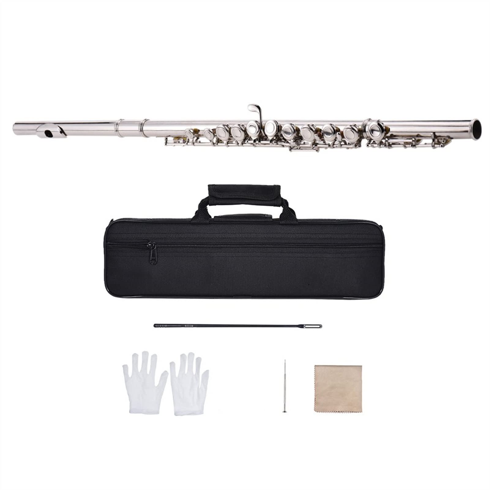 ZUZU 16 Hoyos C Key Flaute CUPRONICKEL Concierto Plateado Flauta De Concierto con Paño De Limpieza Guantes De Palillo Destornillador Bolsa Acolchada Kit Flauta