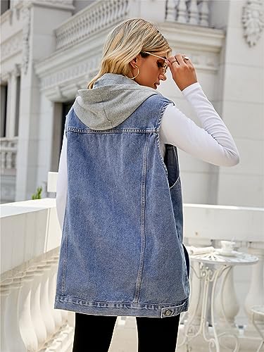 Image of PAODIKUAI Women's Oversized Denim Vest - Sleeveless Distressed Jean Vest with Pockets for Casual Layering