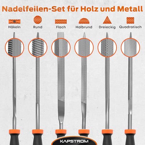 KapStrom Nadelfeilen-Set, 6 Nadelfeilen für Holz, Metall, Kunststoff und Schmuck, inklusive kleiner runder, halbrunder, quadratischer, dreieckiger, flacher und flacher Spitzfeilen