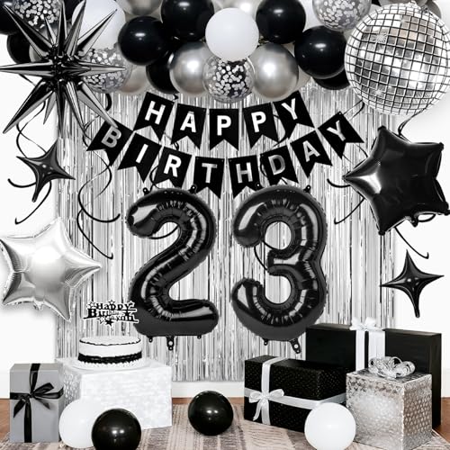 23rd Birthday Decorations for Men, Black Silver Happy Birthday Party Set