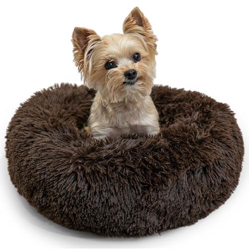 Image of Best Friends by Sheri The Original Calming Donut Dog Bed for Extra-Small Dogs up to 10 lbs, Shag Faux Fur, Dark Brown, 18 inch x 18 inch