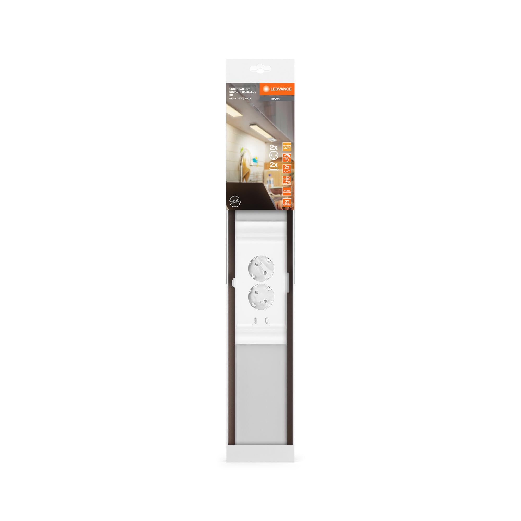 LEDVANCE apparecchio sottopensile con 2 prese e 2 connessioni USB-C, fascio luminoso ampio, 10 W, 500 lm, 3000 K, 830 bianco caldo, dimmerabile, set bianco in plastica (PC), IP20