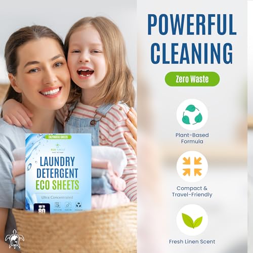 Image of Eco-Friendly 80 Loads Ultra Concentrated Laundry Detergent Sheets | Travel Friendly Stain-Fighting Enzymes & Plant Powered, Washer Sheets Space Saving for Hot /Cold Cycles, Tackles Tough Stains