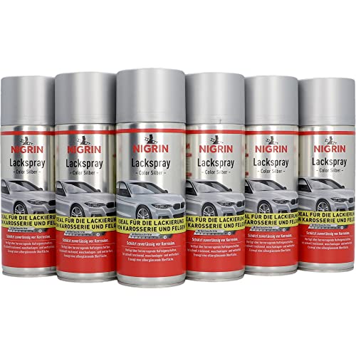 NIGRIN Lackspray, 6 x 400 ml, Autolack Silber, schützt Felgen und Karosserie vor Rost, schnell trocknend