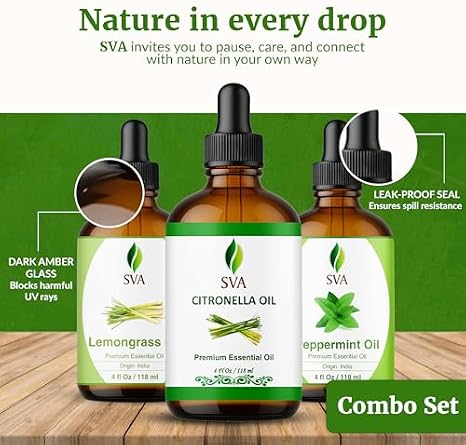 SVA Citronella, Lemongrass, and Peppermint Essential Oil 4 oz Bundle Super Saver Combo Premium Grade Value Set for Hair Oiling, Scalp Massage, Hair Care, Skin Care and Body Massage