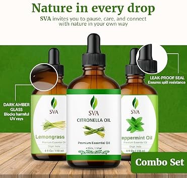 SVA Citronella, Lemongrass, and Peppermint Essential Oil 4 oz Bundle Super Saver Combo Premium Grade Value Set for Hair Oiling, Scalp Massage, Hair Care, Skin Care and Body Massage
