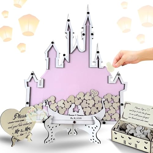 Customize Wooden Fantasy Castle Wedding Guest Book Alternative, Personalized Fairy Tale Castle With Gondola Guestbook, Drop Box with Wooden Hearts For Wedding, Quinceañera, Birthday Celebration Decor