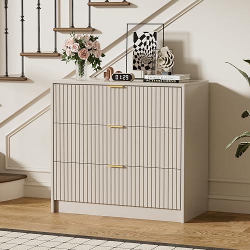 Image of Furniway 3 Piece Bedroom Set, 9 Drawer Dresser and Nightstand Set of 2 with Gold Handles, Modern Wood Chest of Drawers Storage Cabinet for Bedroom, Beige