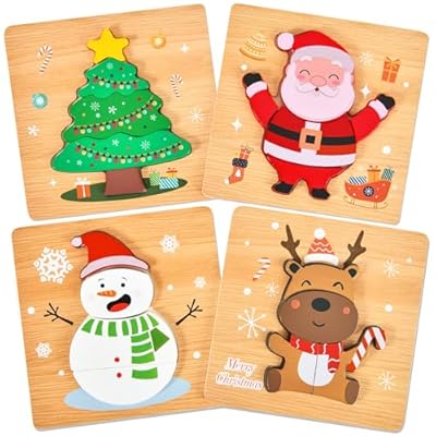 4 Pack Christmas Wooden Puzzles for Kids Toddle...