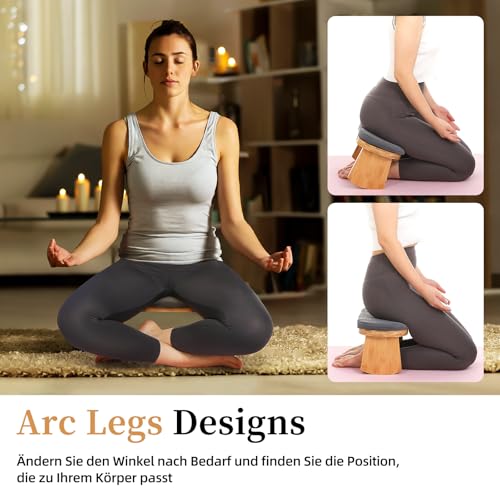 TYYIHUA Meditationsbank, klappbarer Meditationsstuhl, Bambus-Meditationshocker mit Anti-Rutsch-Matte, verstellbarer Yoga-Hocker mit gebogenen Unterkanten