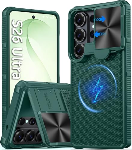 Image of Magnetic for Samsung Galaxy S26 Ultra Case,[Slide Camera Cover][Kickstand][Compatible with Magsafe][Military Grade Protection] Shockproof Rugged Case for Galaxy S26 Ultra, Green