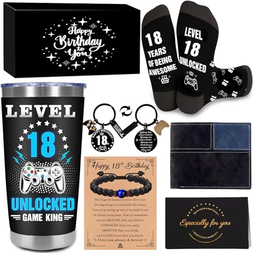 Cool Gifts for 18 Year Old Boy 18th Birthday Gifts for Boys Game Theme Gift for 18th Teenager Son Nephew Grandson Brother Happy 18th Birthday Decorations with 20 Oz Tumbler Keychain Bracelets Card