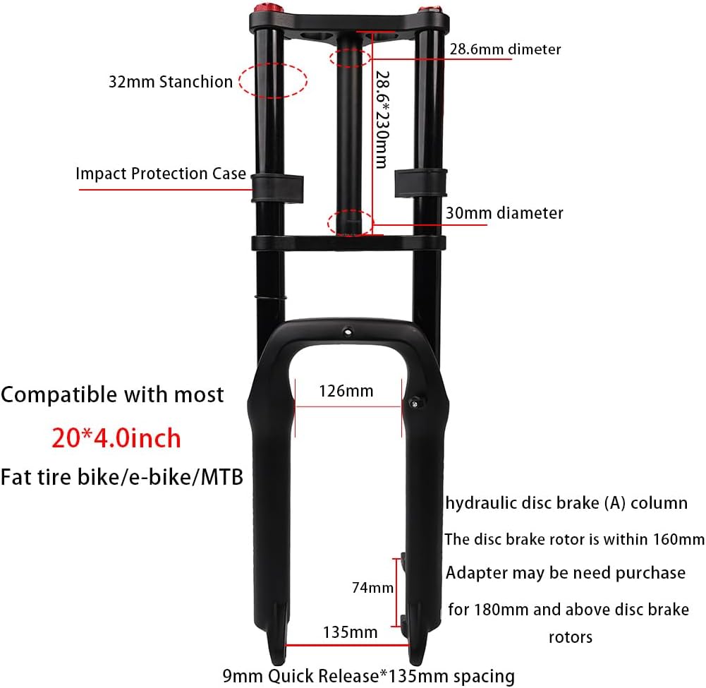 Bike Suspension Forks Double Crown 20 * 4.0inch Fat Tire Fork 1-1/8inch Thread-Less Straight Steerer 135mm Travel MTB Snow Beach Electric Bicycle Front Forks
