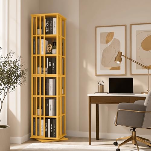 Image of Lauxery 6 Tier Bamboo Rotating Bookshelf Tower for Reading Corner, Gold | 360 degree smooth rotation, 1200 lbs total capacity, 1.71 sq ft small footprint, dual shelf heights, for small space