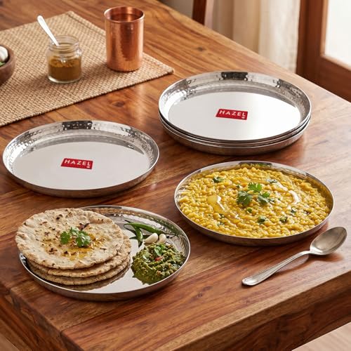 Image of HAZEL Stainless Steel Lunch Plate 25.5cm, Set of 6 | Hammered Rim Finish Daily Use Dinner Plate Food Serving Plate for Restaurant Thali