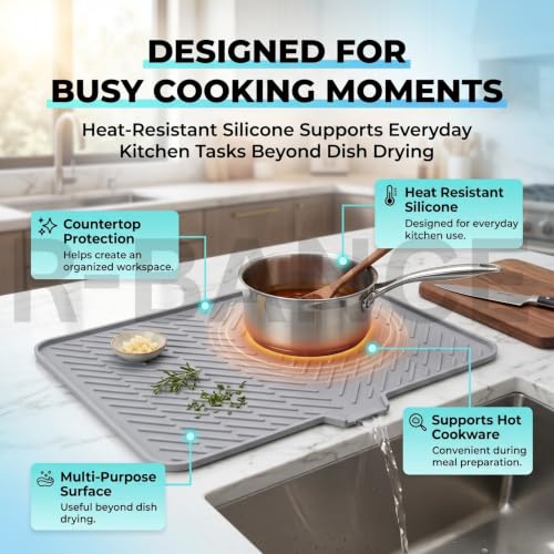 Image of Medium Silicone Dish Drying Mat for Kitchen Counter - 40x30 cm | Hygienic drying pad with built-in drain lip. Sturdy, compact & easy to clean grey tray. Protects surfaces from water build-up