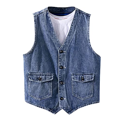 LONGBIDA Men's Denim Vest Casual Slim Fit Sleeveless Jacket Outdoor Jean Vests