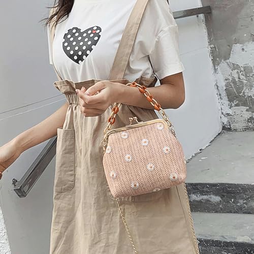 Kisslock Purse for Women Floral Embroidery Straw Woven Clutch with Chain Strap Crossbody Shoulder Bag2