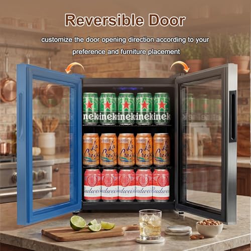 Image of Mini Fridge 50 Can, Small Beverage Refrigerator with Reversible Glass Door, Countertop Drink Cooler with Temperature Control, Compact Beer Soda Fridge for Office Dorm Kitchen, Stainless Steel