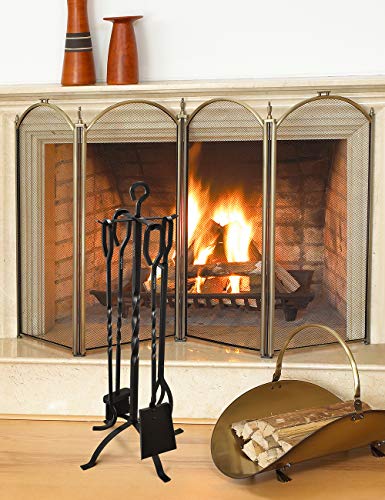 image for COMFYHOME 5 Pieces Fireplace Tool Set, Wrought Iron Fire Toolset w/Pok