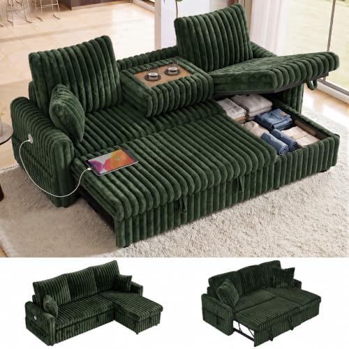 Image of KCGKCG 81 inch Sectional Sleeper Sofa Bed, Pull Out Couches for Living Room | Pull Out Sofa Bed with Storage Chaise, Dual Cup Holders, Side Storage Pocket, Charging Station, Plush Corduroy Fabric