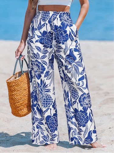 Image of CUPSHE Women's Wide Leg Beach Pants - Tropical Floral with Pockets Plus Size Casual Flowy Vacation Bottoms