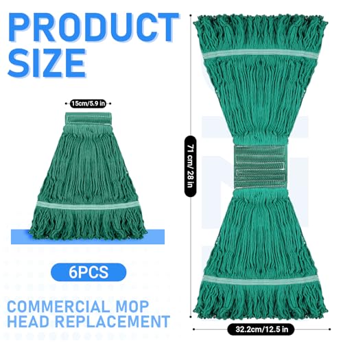 Image of 6 Pack Commercial Mop Heads Heavy Loop End Cotton String Mop Head Replacements Reusable Green Mop Replacement Heads Wet Mop Refill for Floor Cleaning Industrial Commercial Home Cleaning