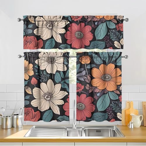 Image of Boho Kitchen Curtains 3 Piece Set Tier Valance Window Decor