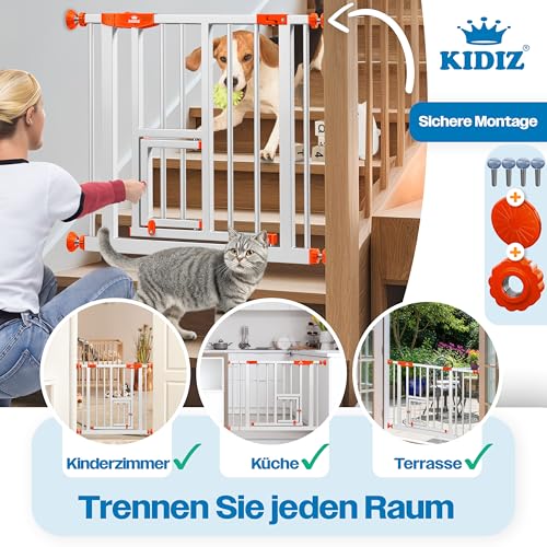 KIDIZ Absperrgitter zum Klemmen mit Katzenklappe, Türschutzgitter, Autoclose Kinder Treppengitter ohne Bohren | 90° Stopp Schutz, schwenkbar, Treppenschutzgitter, Weiß/Orange, Breite: 74-80 cm